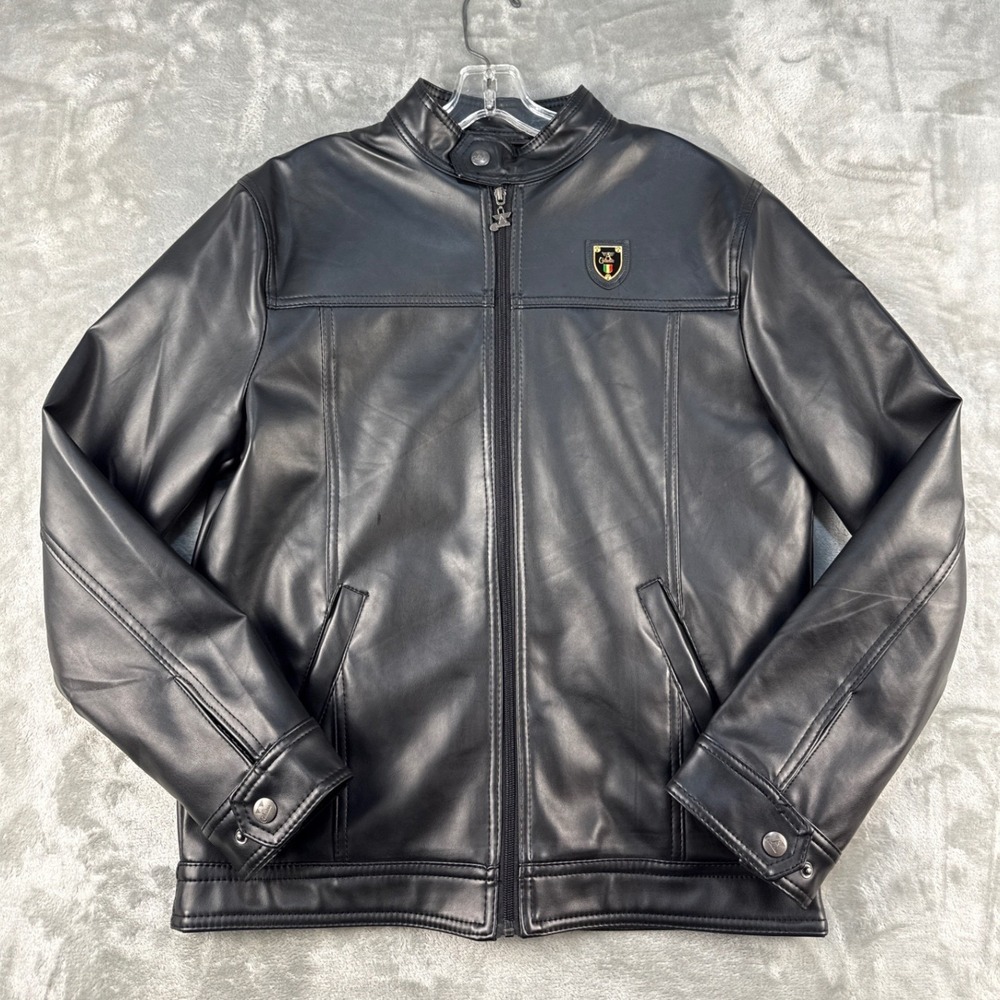 CA Collezioni Jacket Mens Medium Moto Black Faux Leather Crest
